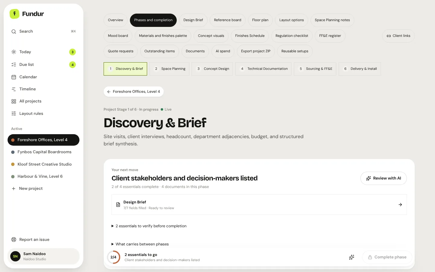 A phase screen listing its steps with due dates, and the tools for that phase.