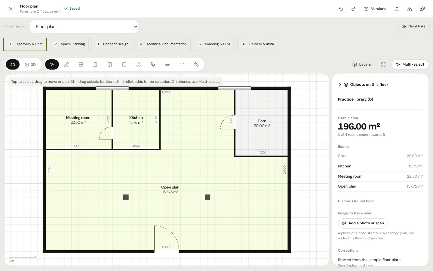 The floor plan editor showing an office with an open plan, meeting room, kitchen and core, each with its area.