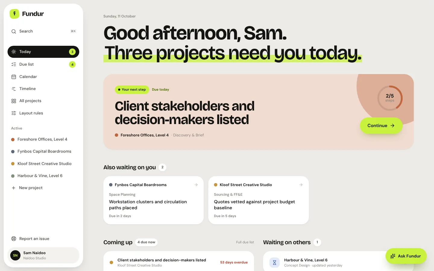 The Today screen: the single most urgent step across all projects, then everything else waiting on you.